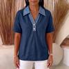 Damen Freizeit Denim Kragen Patchwork Leinen Baumwolle Hemd Top Kurzarm Knopfleiste Leicht Atmungsaktiv Sommer Bluse