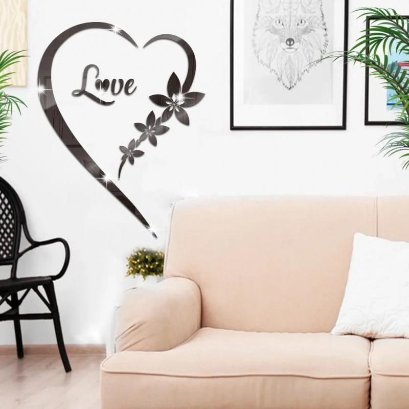 Self-Adhesive 3D Heart-Shaped Mirror Wall Decal Acrylic Heart-Shaped Reflective Sticker Living Room Background Decorative Decal