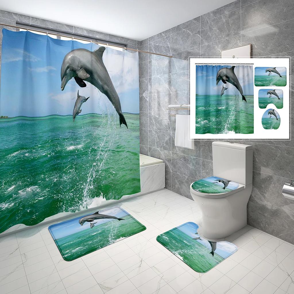 4 Sets Dolphin Shower Curtain Sets With Non-Slip Bath Mat,Toilet Lid Cover And Ocean Animals Blue Sea World Shower Curtain Set