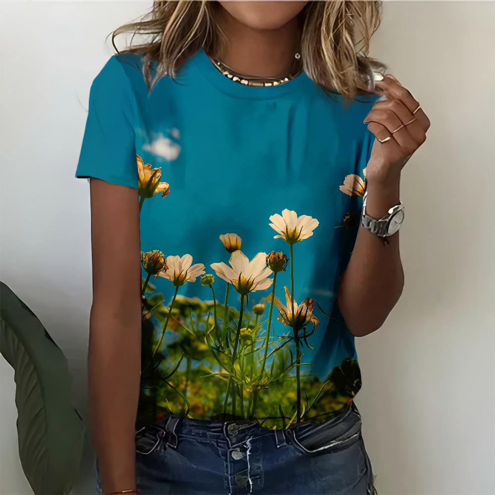 Summer Women's T-shirt Blooming Flower Sea Colorful Flowers Full Print Women's Leisure Versatile Short Sleeve Top