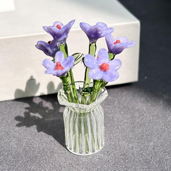 1 Set Glass Flower Bouquet with Vase Hand-Blown Mini Flower Decoration Home Living Room Handmade Simulation Floral Ornament with Stem