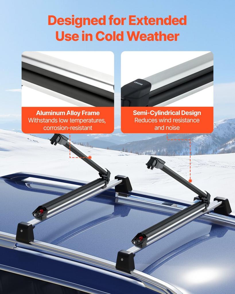 Ski & Snowboard Roof Rack, Carry up to 6 Pairs of Skis or 4 Snowboards, 2 PCS Aluminum Universal Car Roof Rack with Lock & Rubber Padding, Carrier for