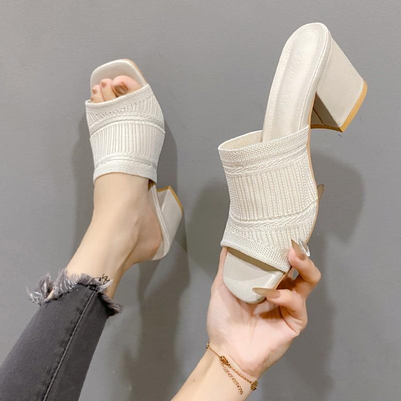 Women's Knitted Square Toe Mules, Chunky Heel Slide Sandals, European Style High Heel Slippers for Women