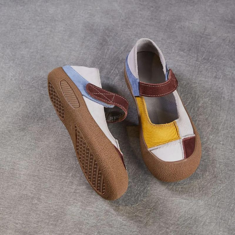 Johnature Genuine Leather Mixed Colors Soft Soled Women's Shoes Retro Round Toe Shallow Flat Shoes