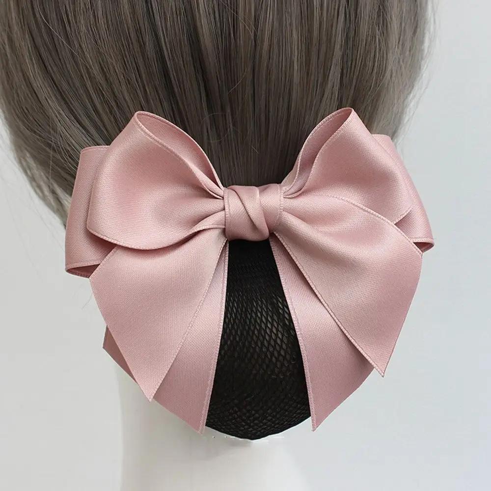 Korean Satin Bow Hairclip With Net Bun Ribbon Hair Bun Cover Headwear Hair Accessories Bowknot Snood Women Hairgrips