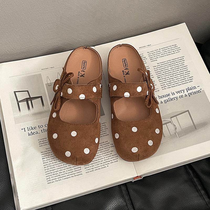 Retro Polka Dot Niche Design Versatile Velcro Bag Head Drag Spring New Wear a Pedal Fairy Style Slippers