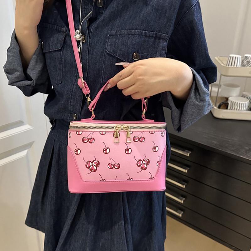 Chic Small Square PU Bag with Cherry Design Women's Trendy Crossbody Bag Sophisticate Commuter Handbag