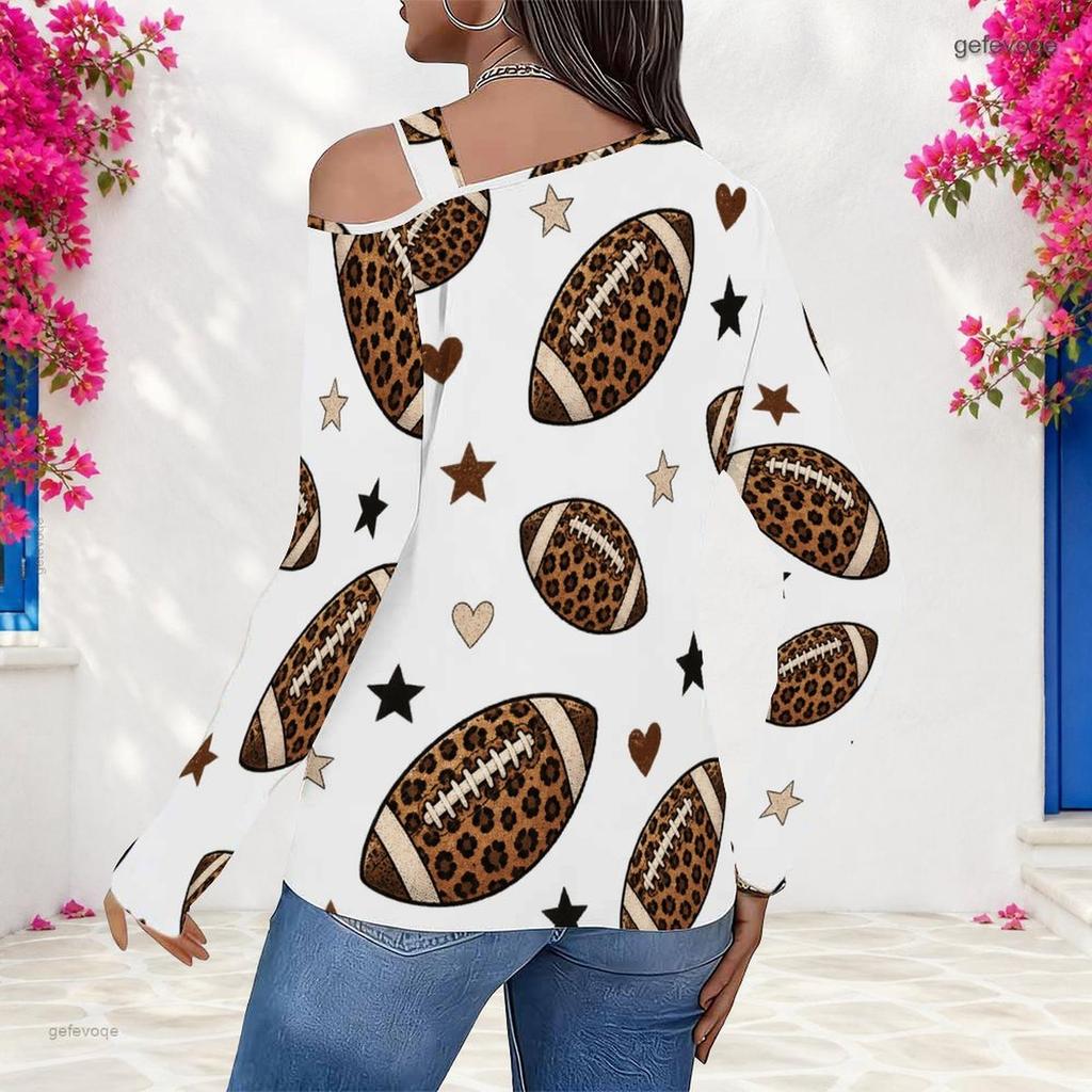 Women Plus Size Asymmetric Cutout Neck Cold Shoulder Long Sleeve Leopard Cherry Printed White Fitted Top