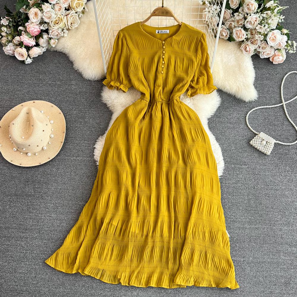 Summer Vintage Long Dress For Women Puff Short Sleeve Elegant Slim Black Maxi Dresses Pink Khaki Green White