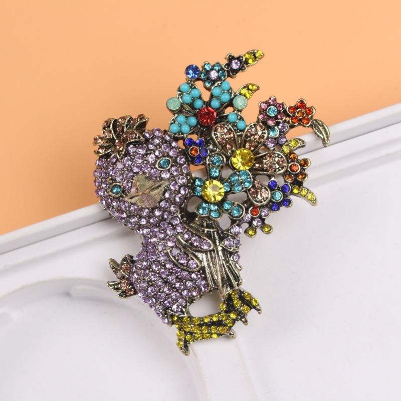 Medieval Vintage Bouquet Cartoon Chick Full Diamond Brooch Corsage, Colorful Retro Jewelry