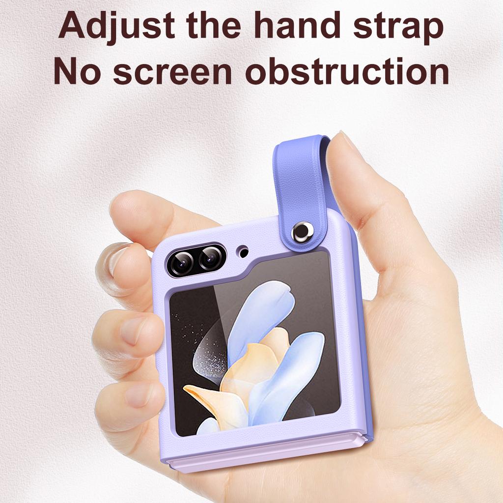 For Samsung Galaxy Z Flip6 5G/Z Flip5 5G PU+PC Case Dual Color Hand Strap Kickstand Phone Cover