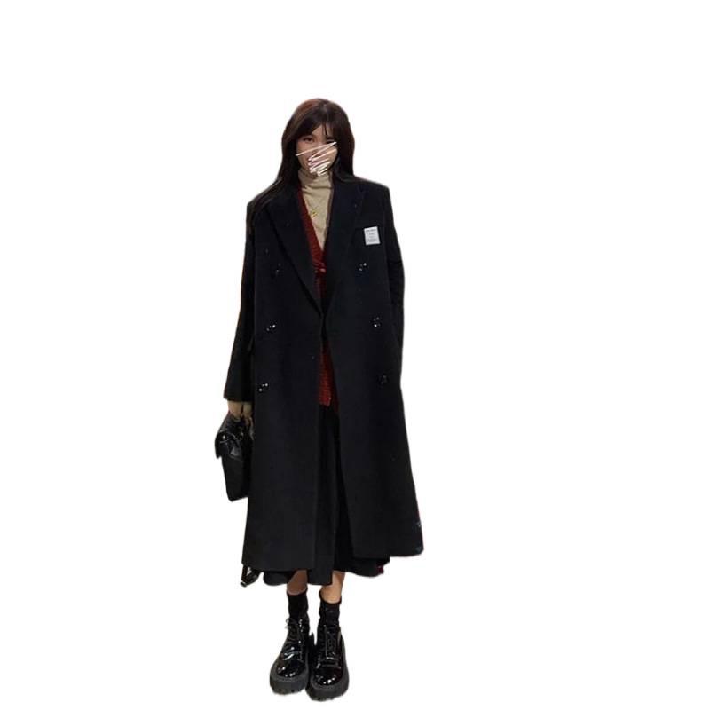 Hepburn-Style Women's Woolen Coat: Loose, Mid-Length, Thickened Black Winter Outerwear