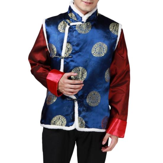 

Воротник-стойка без рукавов с дисковыми пряжками, меховая отделка, костюм Тан, жилет, мужской зимний зимний китайский новогодний костюм Тан, жилет, верхняя одежда XL синий