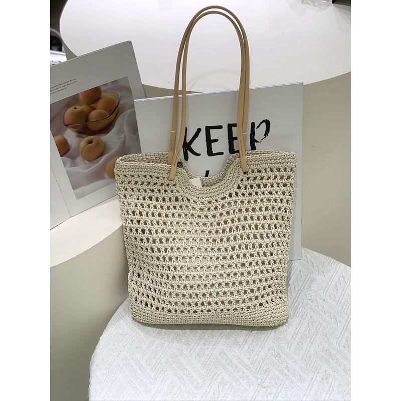 

K-style Niche Style Wax Rope Woven Tote Bag Large Capacity Minimalist Casual Vacation Idle Style Easiest for Match Shoulder Handbag Straw Original Color
