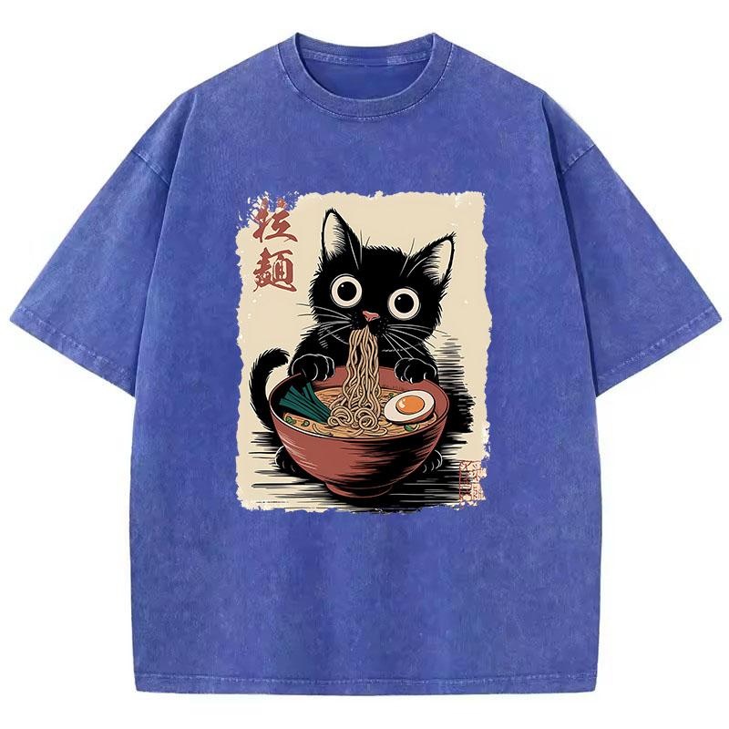 Oversize Japanese Style Ramen Cat T Shirt Vintage Washed Cotton T-Shirt Graphic Tee Casual Streetwear Spring Summer