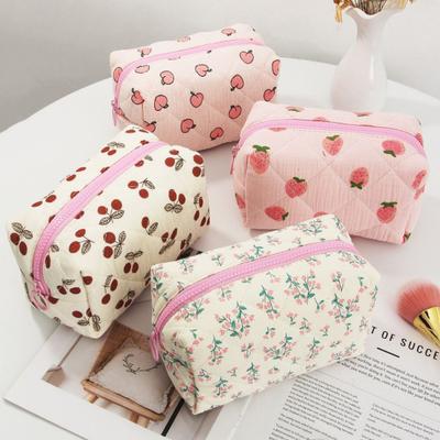 Yousheng Quilted Cosmetic Pouch Soft Zippered Toiletry Bag Cute Peach Cherry Travel Makeup Bag Portable Organizer for Makeup Brushes Skincare Products