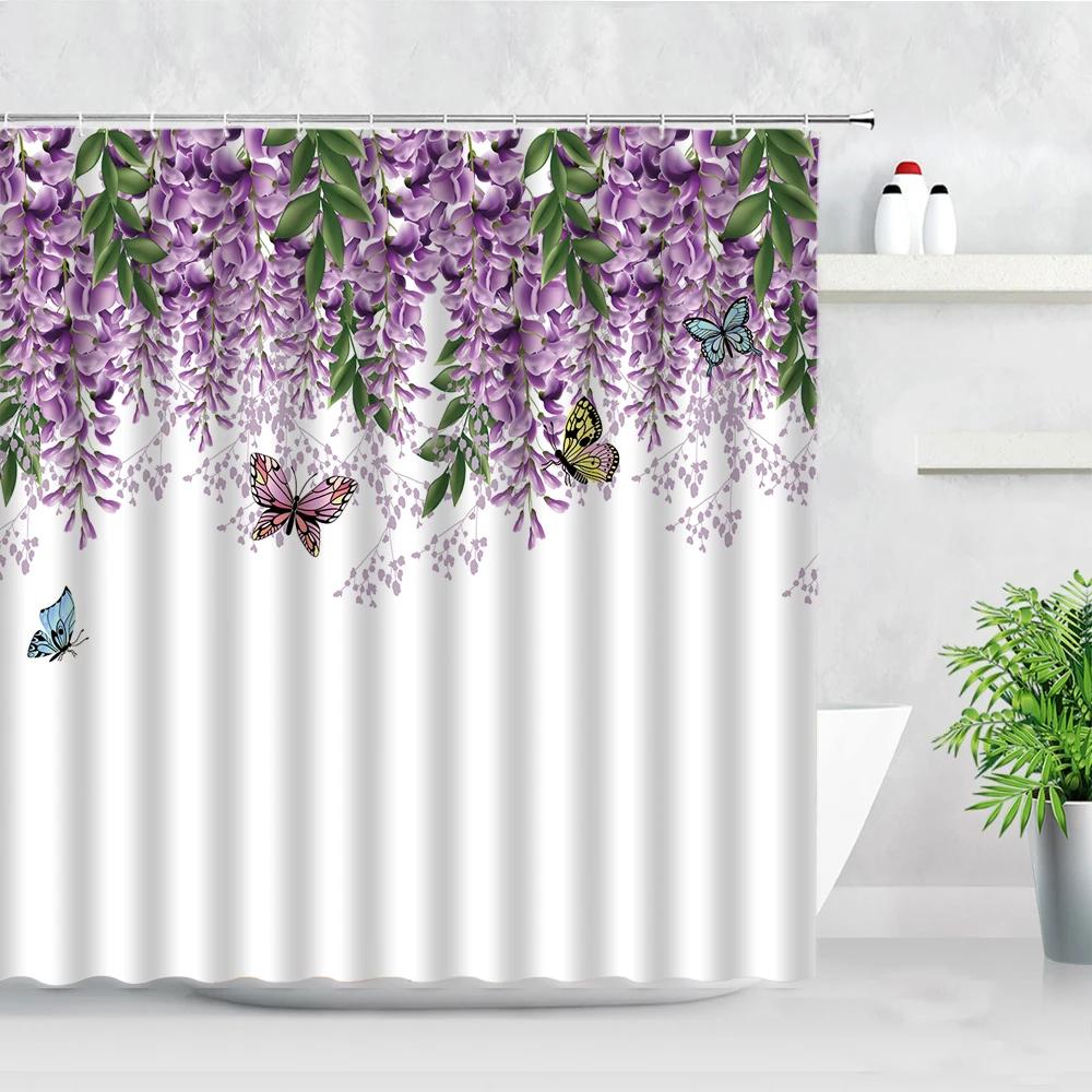 Purple Floral Shower Curtains Waterproof Bath Screen Wisteria Flower Butterfly Lavender Bathtub Decor Bathroom Curtain Baño