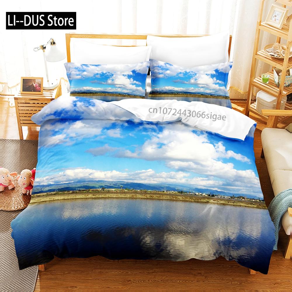 Sky With White Clouds Bedding Set Single Twin Full Queen King Size Bed Set Aldult Kid Bedroom Duvetcover Sets 3D Anime 030