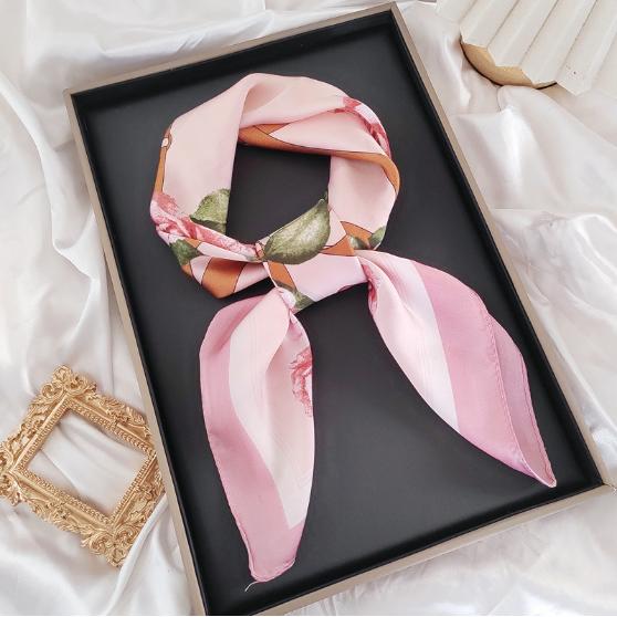Luxury Silk Square Scarf Women Shawl Fashion French Flower Print Design Satin Hijab Wraps Neckerchief Female Hair Bands 70*70Cm