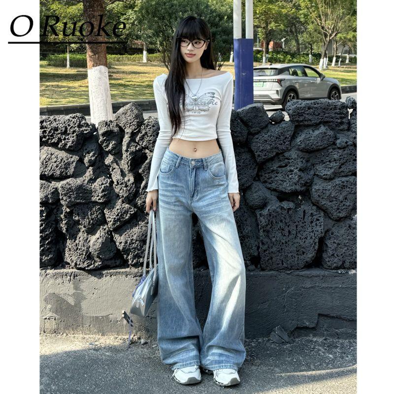 

Retro Distressed Light Blue Washed Creases Jeans Women High Waist Loose Slimming Straight Drape Wide Leg Mopping Pants Light blue pants S