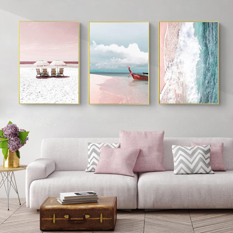 Rowboat Leaf Pink Sea Beach Shell Parasol Nordic Posters And Prints Wall Art Canvas Painting Wall Pictures For Living Room Decor