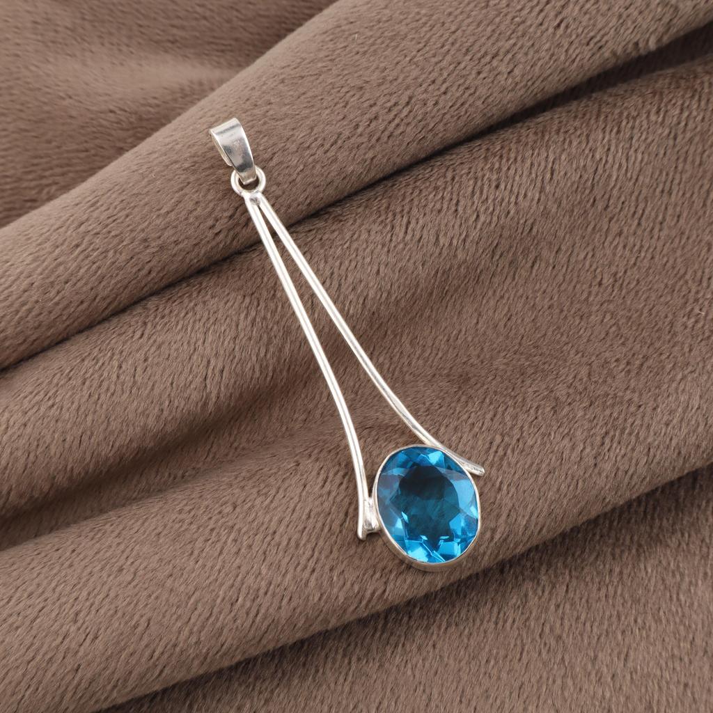 Swiss Blue Topaz Gemstone 925 Sterling Silver Handmade Jewelry Pretty Pendant 1.79" For Wedding Gift PP-69-6