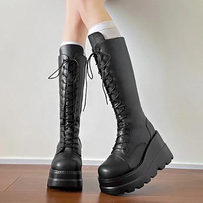 Chaussures pour femmes en solde 2024 Bottes pour femmes à lacets de haute qualité Hiver Bout rond Tige moyenne Plateforme compensée Bottes de mode