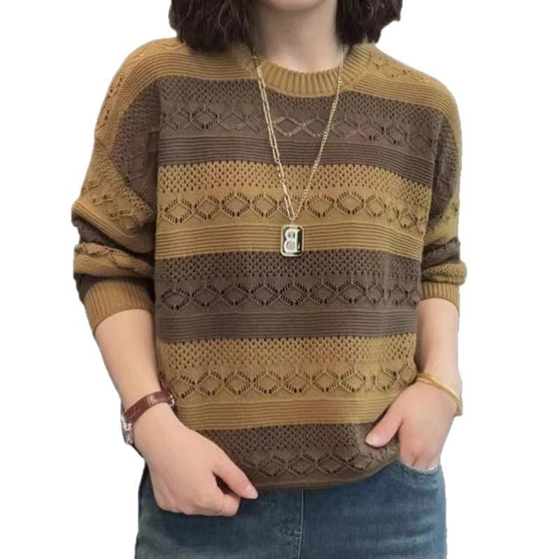 Striped Plus Size Long Sleeve Sweater Summer Women Fashion Knit Top Lace Up Design Versatile Mother Casual Blouse