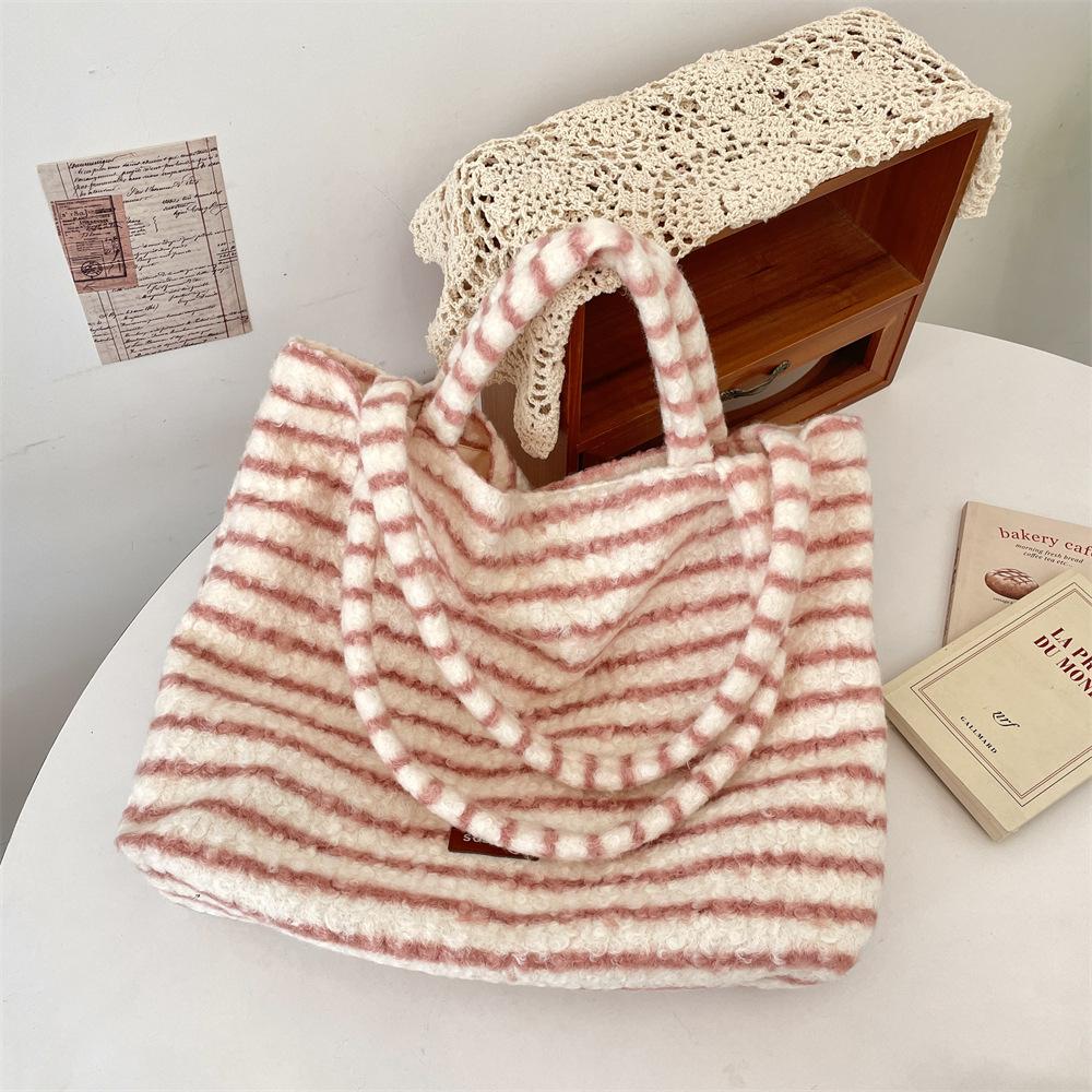 Fall Winter Simple Stripes Faux Lamb Wool Women's Shoulder Bags Casual Furry Female Handbag Large Capacity Ladies Shopping Bag