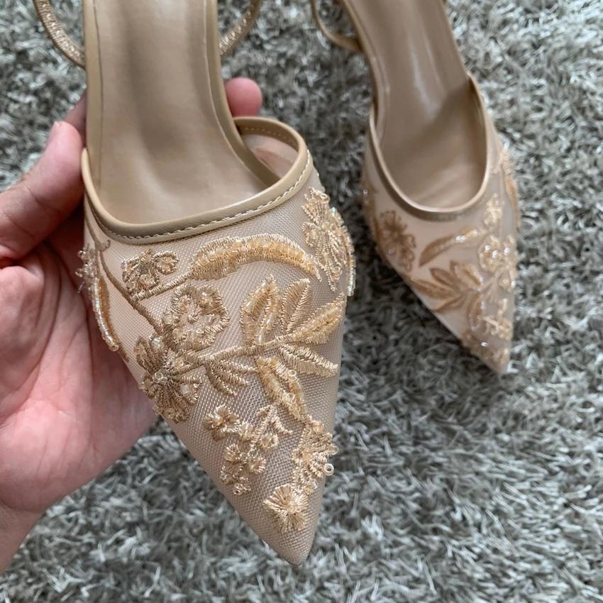 Fashion Mesh Embroidered Fashion Sandals Women String Bead High Heels Mules Shoes Pointed Toe Slingback Slippers Women Zapatos De Mujer