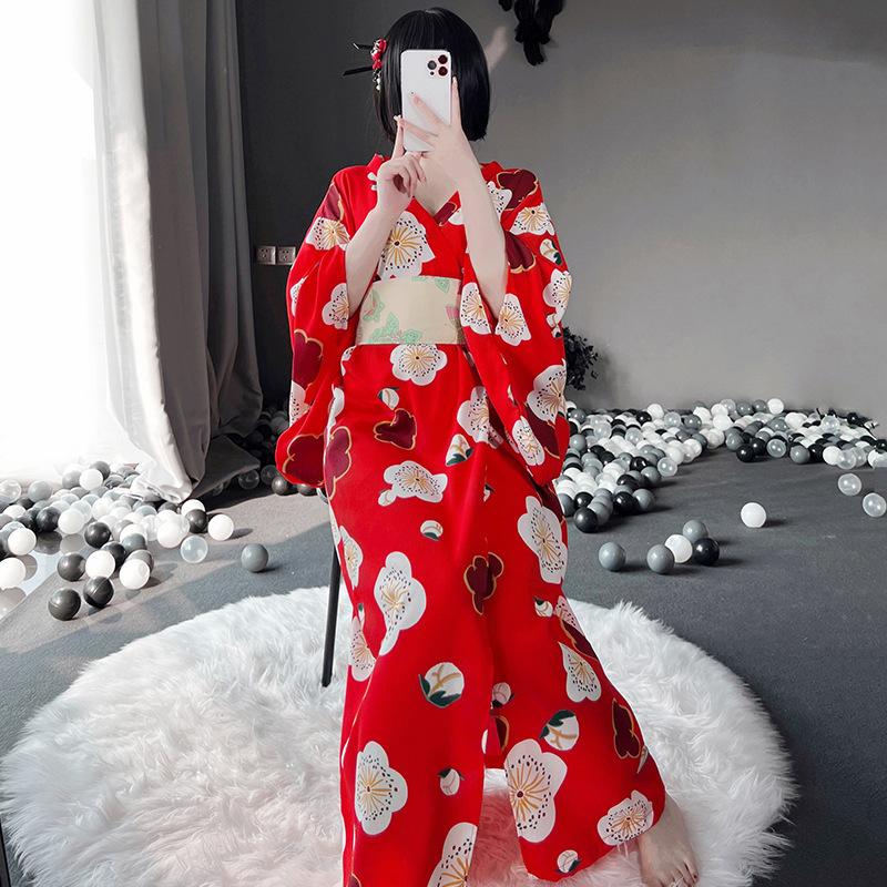 Japanese Kimono Cherry Blossom Print Cosplay Cos Stage Performance Suit Long Deep V-made Costume