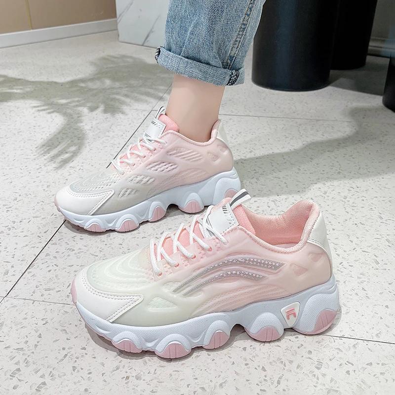 

Мода 2025 Новая женская обувь На шнуровке Женские вулканизированные туфли Модная цветовая гамма Уличные Нескользящие Повседневные Дышащие Кроссовки 40 розовый