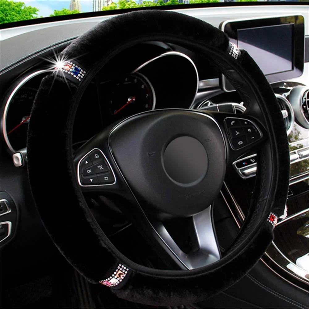 37-38cm Diameter Universal Elastic Soft Plush Rhinestone Car Steering Wheel Cover Interior Accessories