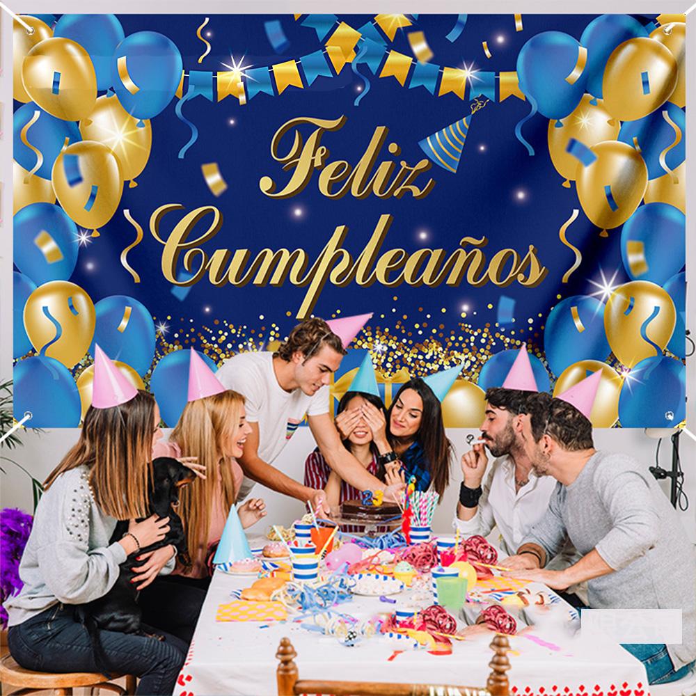 Blue Gold Feliz Cumpleaños Spanish Birthday Background Balloons Birthday Party Decoration Banner Supplies Adult Photo Shoot Prop