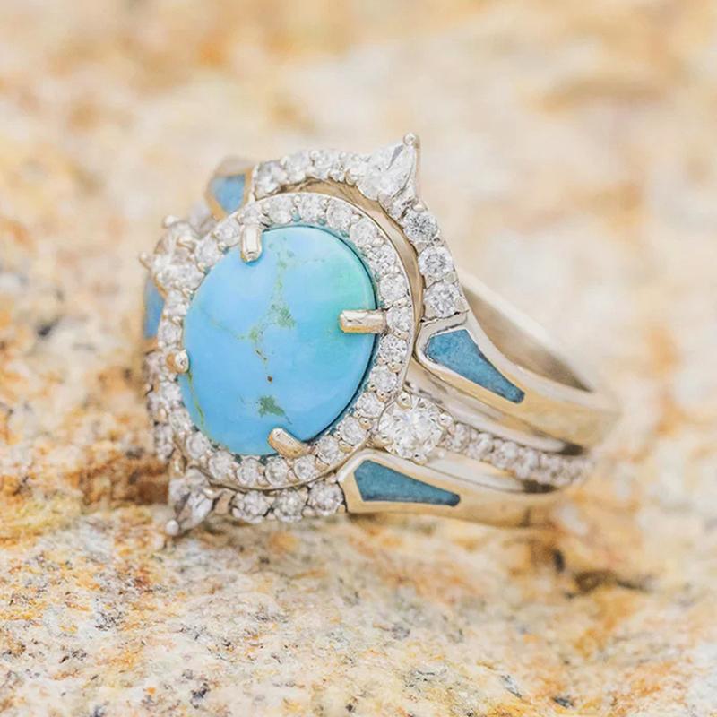 Huitan Bohemia Style Wedding Rings for Women Unique Imitation Turquoise Ring Aesthetic Blue Stone Accessories Party Jewelry Gift