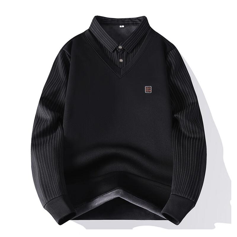 Men's Winter Striped Mock Shirt Collar Fleece Sweater