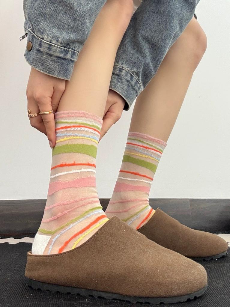 Summer Women Socks Ultra-thin Transparent Crystal Silk Socks Women Cartoon Print Japanese Kawaii Cute Funny Elastic Long Socks