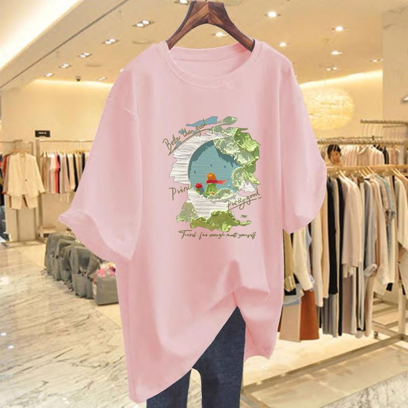 White Cotton Short-sleeved T-shirt Women's 2025 Summer New T-shirt Loose Large Size Medium and Long Large Version Top