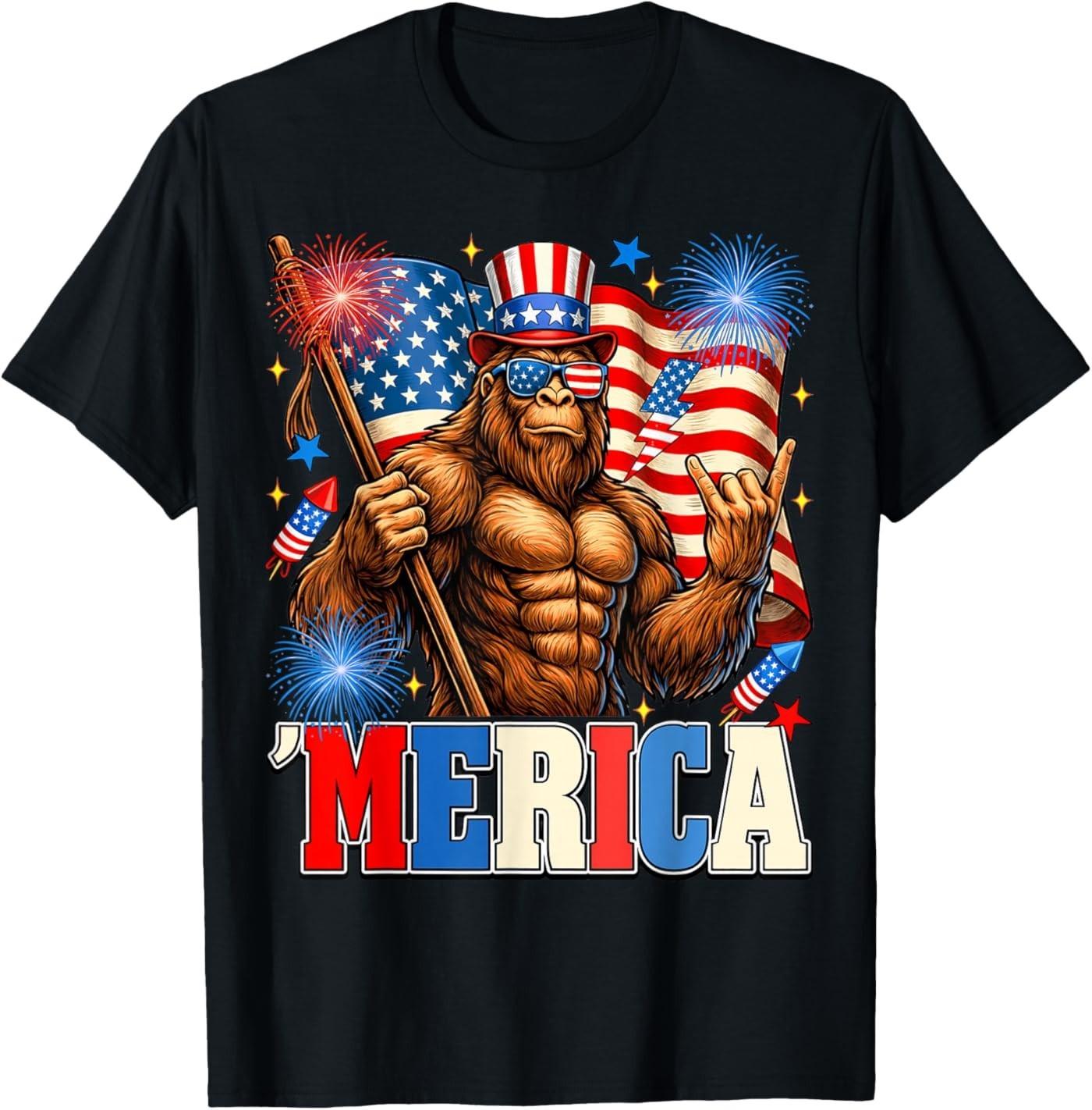 Bigfoot Merica Rock American Flag Patriotic 4th of July T- Unisex T-Shirt M