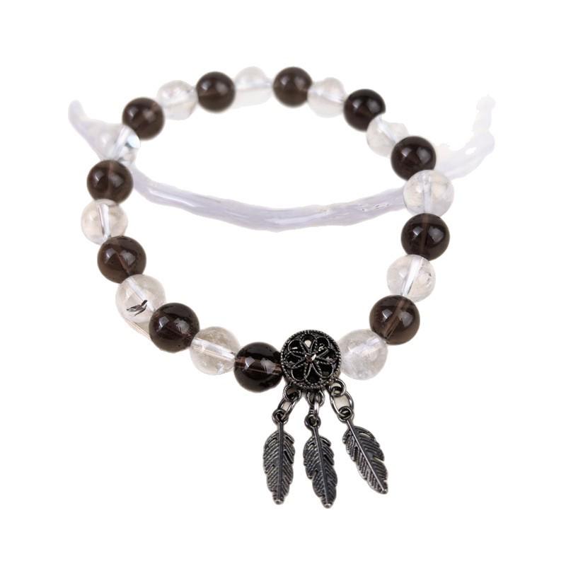 Natural 8MM White Crystal & Smoky Quartz Dream Catcher Bracelet with Wealth-Attracting Tree Leaves