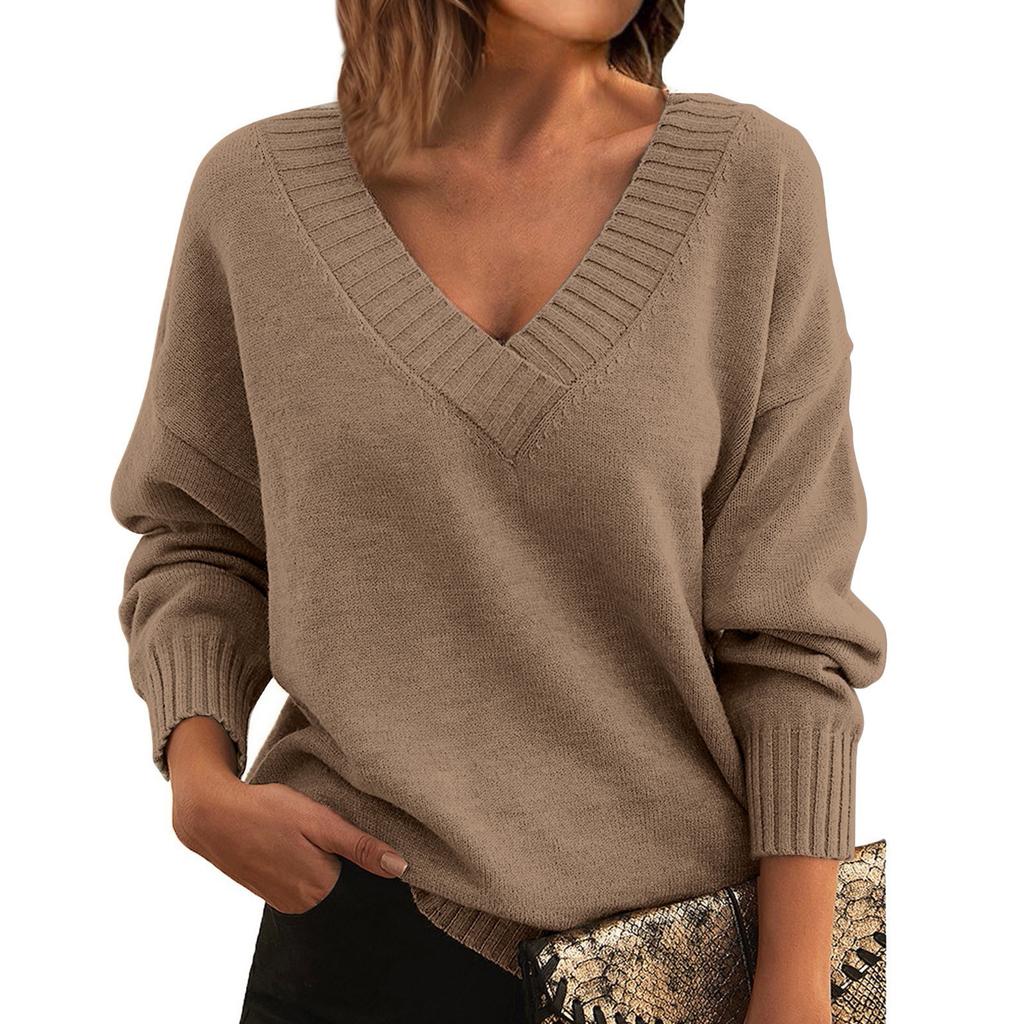 Women's Fashion Casual Solid Color Sweater Set Head V Neck Warm Long-sleeved Sweater