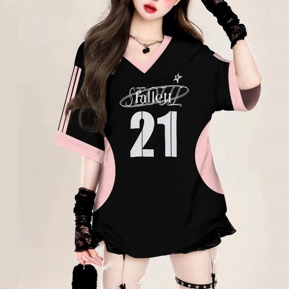 American Casual Letters Print V-Neck Short Sleeve T-Shirt Summer Tee Tops Baseball Jerseys Sport Fashion T-Shirt