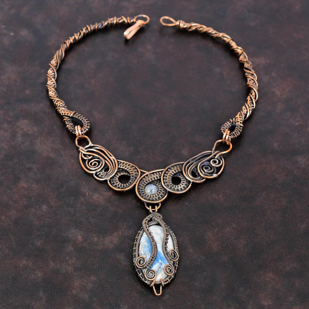Blue Scheelite Necklace Copper Wire Wrapped Gemstone Necklace Handmade Wire Wrap Jewelry Rainbow Moonstone Necklace Copper Jewelry For Gift