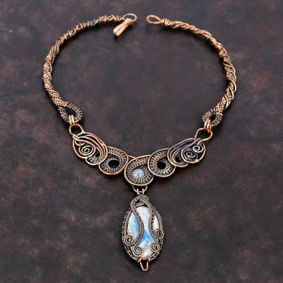 Blue Scheelite Necklace Copper Wire Wrapped Gemstone Necklace Handmade Wire Wrap Jewelry Rainbow Moonstone Necklace Copper Jewelry For Gift