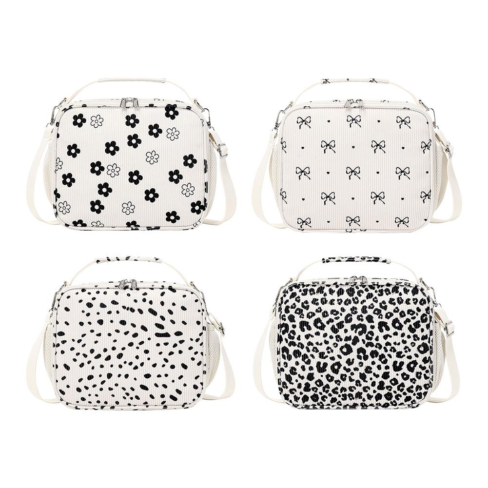 Corduroy Picnic Food Pouch Large Insulation Lunch Box Floral Printed Lunch Tote Bag for Picnic School Work Travel