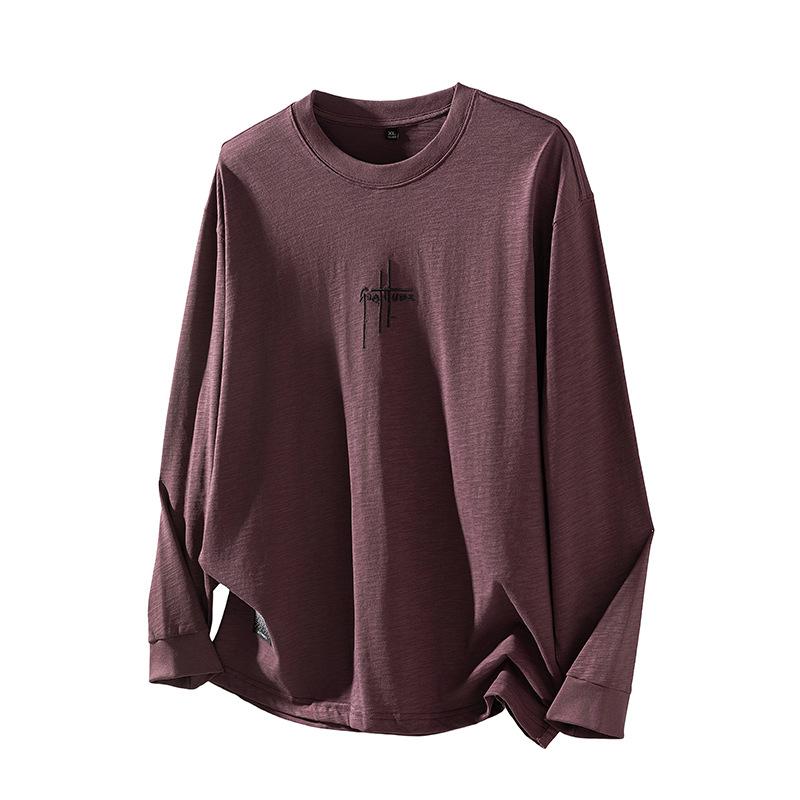 Autumn New Embroidered Cotton Long Sleeve T-Shirt Men's Loose Versatile Crew Neck Clothes
