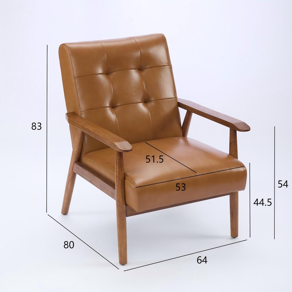Genuine Leather Lounge Chair with Walnut-Colored Armrests & Rubberwood Legs – Comfortable Living Room Chair In Light Brown