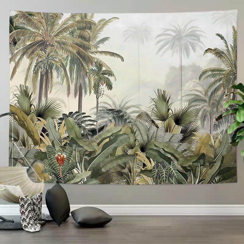 Tropical Botanical Leaves Tapestry Wall Hanging Banana Palm Green Cream Floral Aesthetic Wall Art Living Room Decor