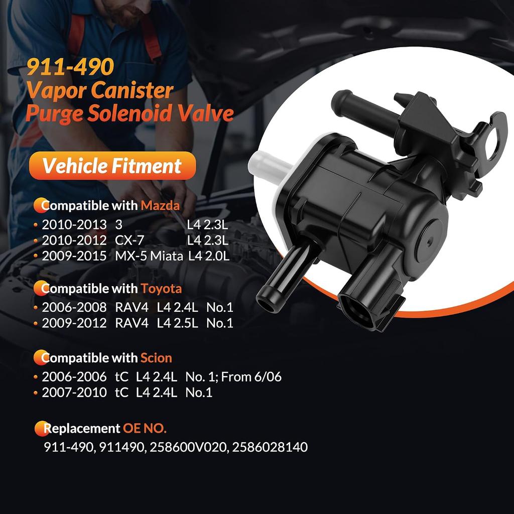 911-490 Vapor Canister Purge Solenoid Valve EVAP | Compatible with Toyota RAV4 2006-2012 & Mazda 3 2010-2013, CX-7 2010-2012, MX-5 Miata 2009-2015 &