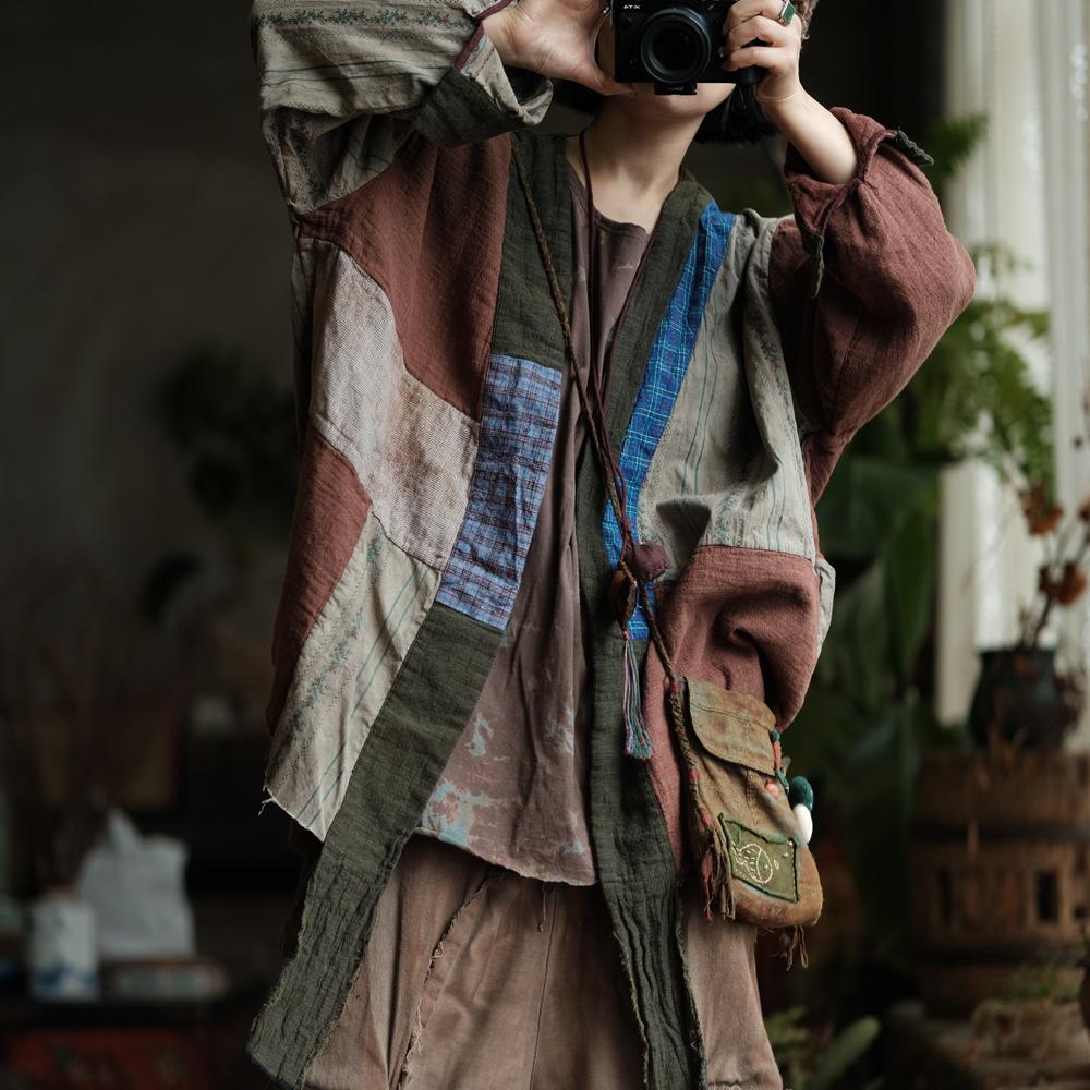 Johnature Damen Vintage Patchwork Farbe Hemden Langarm Locker Blusen Herbst Chinesischer Stil Hemden